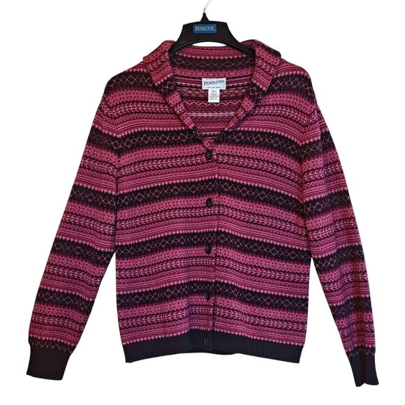 Pendleton Sweater Womens Large Pink Brown 100% Merino Wool Button Up Knit Shawl - Picture 1 of 9